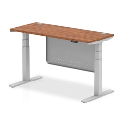 Air 1400 x 600mm Height Adjustable Desk Walnut Top Cable Ports Silver Leg With Silver Steel Modesty Panel