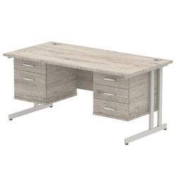 Impulse 1600 x 800mm Straight Desk Grey Oak Top Silver Cantilever Leg 1 x 2 Drawer 1 x 3 Drawer Fixed Pedestal