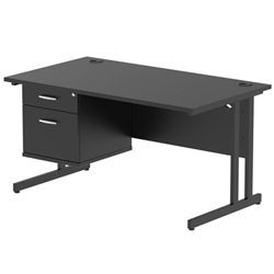 Impulse 1400 x 800mm Straight Office Desk Black Top Black Cantilever Leg Workstation 1 x 2 Drawer Fixed Pedestal