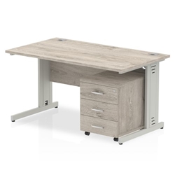 Impulse 1400 x 800mm Straight Desk Grey Oak Top Silver Cable Managed Leg with 3 Drawer Mobile Pedestal Bundle