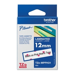 Brother TZe Laminated Tape Cassette 12mm x 4m Black on Pink Hearts TZEMPPH31