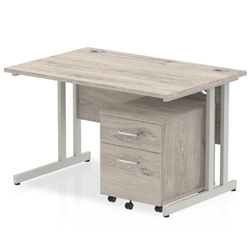 Impulse 1400 x 800mm Straight Desk Grey Oak Top Silver Cantilever Leg with 2 Drawer Mobile Pedestal Bundle
