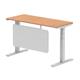 Air 1400 x 600mm Height Adjustable Desk Oak Top Cable Ports Silver Leg With Silver Steel Modesty Panel