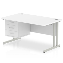 Impulse 1400 Rectangle Silver Cant Leg Desk WHITE 1 x 3 Drawer Fixed Ped