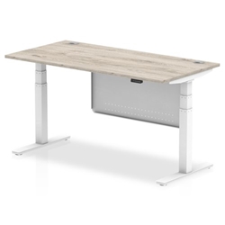 Air 1600 x 800mm Height Adjustable Desk Grey Oak Top Cable Ports White Leg With White Steel Modesty Panel