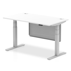 Air 1400 x 800mm Height Adjustable Desk White Top Cable Ports Silver Leg With Silver Steel Modesty Panel