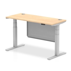 Air 1400 x 600mm Height Adjustable Desk Maple Top Cable Ports Silver Leg With Silver Steel Modesty Panel