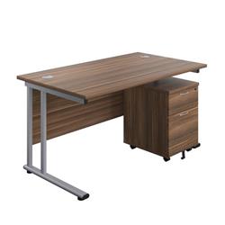 Twin Upright Rectangular Desk + Mobile 2 Drawer Pedestal 1400X800 Dark Walnut/Silver Ref TWU1480BUNDWSV2