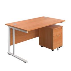 Twin Upright Rectangular Desk + Mobile 2 Drawer Pedestal 1400X800 Beech/White Ref TWU1480BUNBEWH2