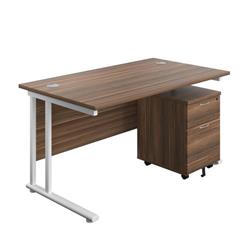 Twin Upright Rectangular Desk + Mobile 2 Drawer Pedestal 1400X800 Dark Walnut/White Ref TWU1480BUNDWWH2