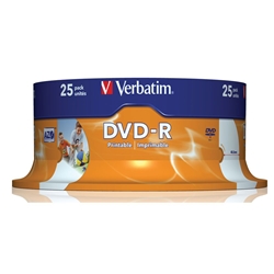 Verbatim DVD-R Wide Photo Printable Recordable Disk Write-once Inkjet Printable Spindle 16x 120min 4.7Gb Ref 43538 - Pack 25