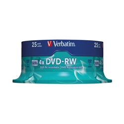 Verbatim DVD-RW Matt Silver Rewritable Disk Spindle 1x-4x Speed 120min 4.7Gb Ref 43639 - Pack 25