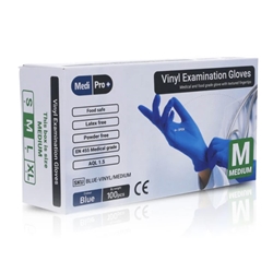 1 x 100 MediPro Medium Blue Vinyl Gloves - RED DOT