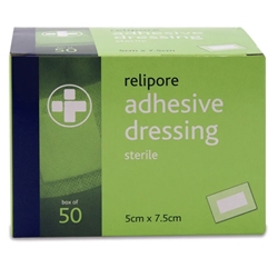 Relipore Adhesive Dressing pads Sterile 5cm x 7.5cm Box of 50