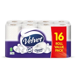 Velvet Quilted Classic 3 Ply Toilet Rolls 16 Pack {New Size}