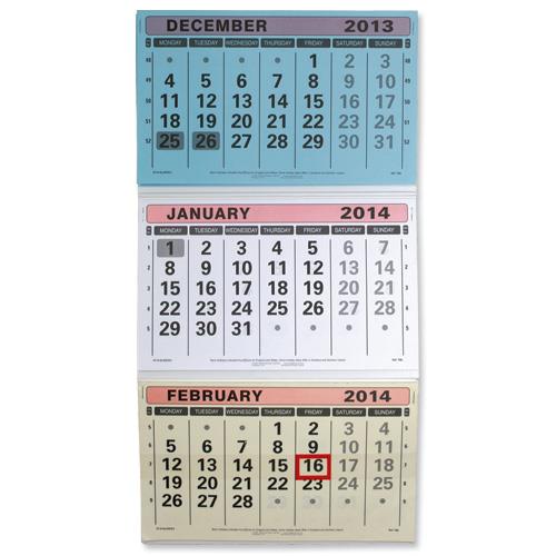AtaGlance 2014 Wall Calendar Tearoff Pages Three Monthly with Date Indicator W300xH580mm Ref