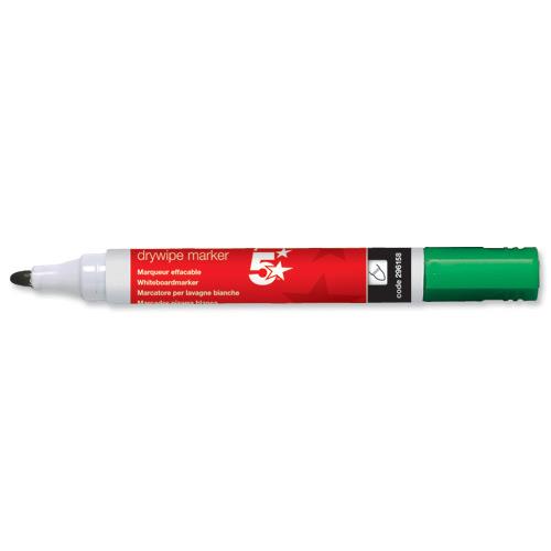 5 Star Office Drywipe Marker Xylene/Toluenefree Bullet Tip 3mm Line Green [Pack 12] 296158