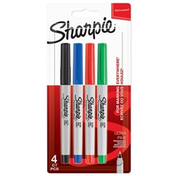 Sharpie Permanent Marker Ultra Fine Tip 0.6mm Line Assorted Standard Colours (Pack 4) - 1985879