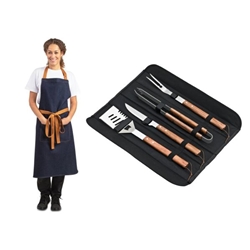 Deglon Sabatier Prep Like A Pro 4-Piece BBQ Utensil Set with Southside Denim-Blue Apron
