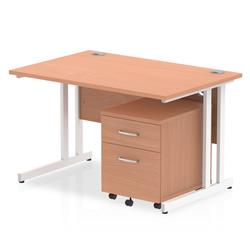 Impulse 1200 x 800mm Straight Office Desk Beech Top White Cantilever Leg Workstation 2 Drawer Mobile Pedestal