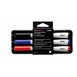 Bi-Office Magnetic Pen Holder With Eraser And 3 Drywipe Markers; Black; Blue; Red