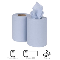 Nisbets Essentials Centrefeed Blue Rolls 2-Ply 320 Sheets (2 pack)