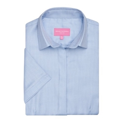 Brook Taverner Ozzero Short Sleeve Blouse Cotton Herringbone Blue UK 12 Regular 2249B