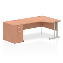 Impulse 1600mm Right Crescent Office Desk Beech Top White Cantilever Leg Workstation 800 Deep Desk High Pedestal