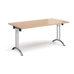 Rectangular folding leg table with chrome legs and curved foot rails 1600mm x 800mm - beech