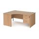 Maestro 25 left hand ergonomic desk 1600mm wide with 3 drawer pedestal - beech top with panel end leg