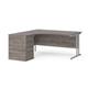 Maestro 25 left hand ergonomic desk 1600mm with silver cantilever frame and desk high pedestal - grey oak