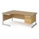 Contract 25 left hand ergonomic desk with 2 drawer pedestal and silver cantilever leg 1800mm - oak top
