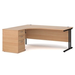 Maestro 25 left hand ergonomic desk 1800mm with black cantilever frame and desk high pedestal - beech