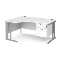 Maestro 25 left hand ergonomic desk 1600mm wide with 2 drawer pedestal - silver cable managed leg frame, white top