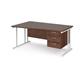 Maestro 25 left hand wave desk 1600mm wide with 3 drawer pedestal - white cantilever leg frame, walnut top