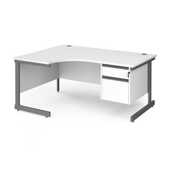 Contract 25 left hand ergonomic desk with 2 drawer pedestal and graphite cantilever leg 1600mm - white top