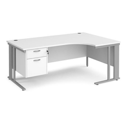 Maestro 25 right hand ergonomic desk 1800mm wide with 2 drawer pedestal - silver cable managed leg frame, white top