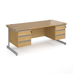 Contract 25 straight desk with 3 and 3 drawer pedestals and silver cantilever leg 1800mm x 800mm - oak top