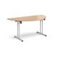 Semi circular folding leg table with silver legs and straight foot rails 1600mm x 800mm - beech