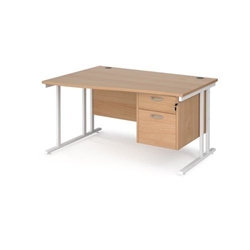 Maestro 25 left hand wave desk 1400mm wide with 2 drawer pedestal - white cantilever leg frame, beech top