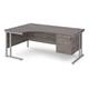 Maestro 25 left hand ergonomic desk 1800mm wide with 2 drawer pedestal - silver cantilever leg frame, grey oak top