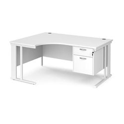 Maestro 25 left hand ergonomic desk 1600mm wide with 2 drawer pedestal - white cable managed leg frame, white top