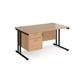 Maestro 25 straight desk 1400mm x 800mm with 2 drawer pedestal - black cantilever leg frame, beech top