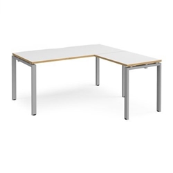 Adapt desk 1600mm x 800mm with 800mm return desk - silver frame, white top with oak edge
