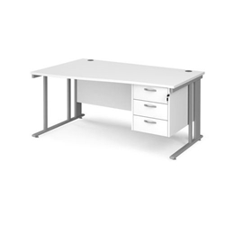 Maestro 25 left hand wave desk 1600mm wide with 3 drawer pedestal - silver cable managed leg frame, white top
