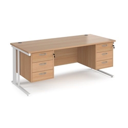 Maestro 25 straight desk 1800mm x 800mm with two x 3 drawer pedestals - white cable managed leg frame, beech top