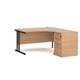 Maestro 25 right hand ergonomic desk 1400mm with black cantilever frame and desk high pedestal - beech