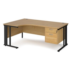 Maestro 25 left hand ergonomic desk 1800mm wide with 2 drawer pedestal - black cable managed leg frame, oak top