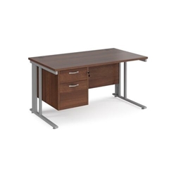 Maestro 25 straight desk 1400mm x 800mm with 2 drawer pedestal - silver cable managed leg frame, walnut top