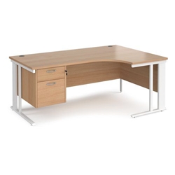 Maestro 25 right hand ergonomic desk 1800mm wide with 2 drawer pedestal - white cable managed leg frame, beech top